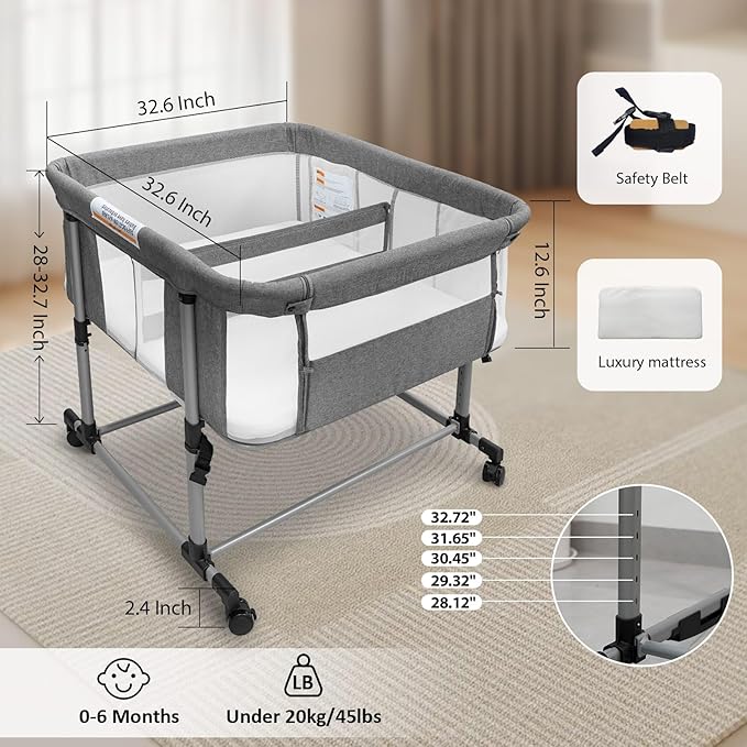 Twin Bassinet for 2 Babies, Double Bassinet for Twins, Baby Bassinet with Wheels, Full-Mesh Sides, 5-Height Adjustable, Portable and Stable Baby Crib for Newborns (Basic Grey)