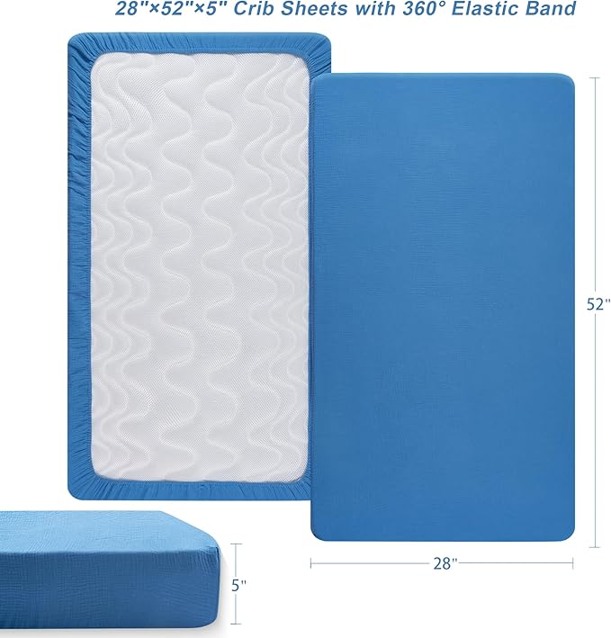 TILLYOU Muslin Crib Sheets for Boys and Girls 2 Pack, Neutral Soft Cotton Baby Crib Mattress Protector, for 52x 28 Toddler Bed, Animal Geometry & Blue