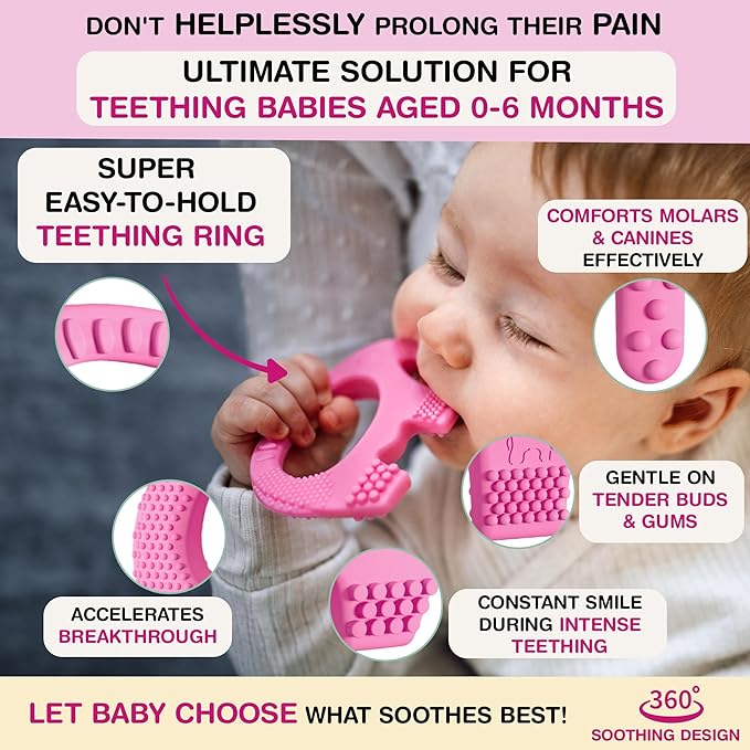 Cute Valentines Day Baby Gift - Baby Elefun Teething Toys for Babies Age 0 to 6 Months - 5X Pain Relief Smart Teether, Zero Developmental Delay Pink Silicone Teething Toy for Infants and Baby Shower