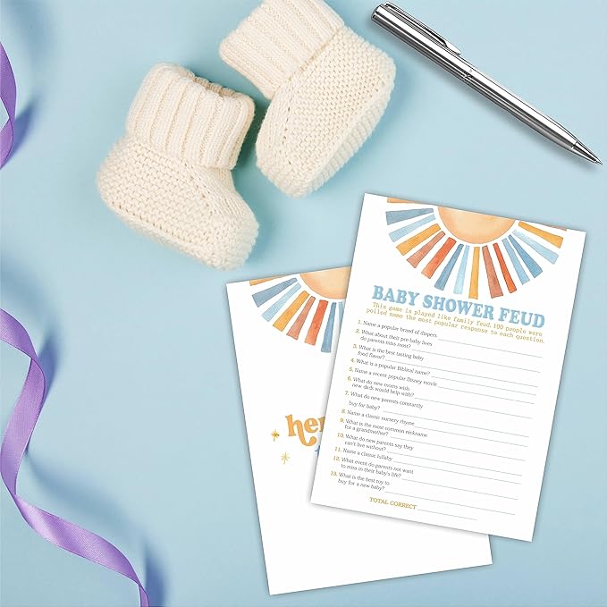 Retro Sunshine Baby Shower Feud Game Kit - Here Comes The Sun - 30 Double-Sided Game Cards & 1 Answer Card For Baby Shower, Gender Reveal Party Favor, Activity & Supplies - A06