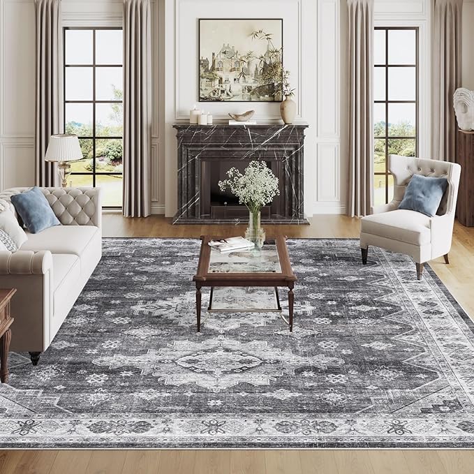 Dripex Washable 8x10 Area Rug for Living Room - Stain Resistant Distressed Rugs for Bedroom Dining Room Non-Slip Low-Pile Soft Throw Rugs Farmhouse Office Home Decor, Pet & Child Friendly