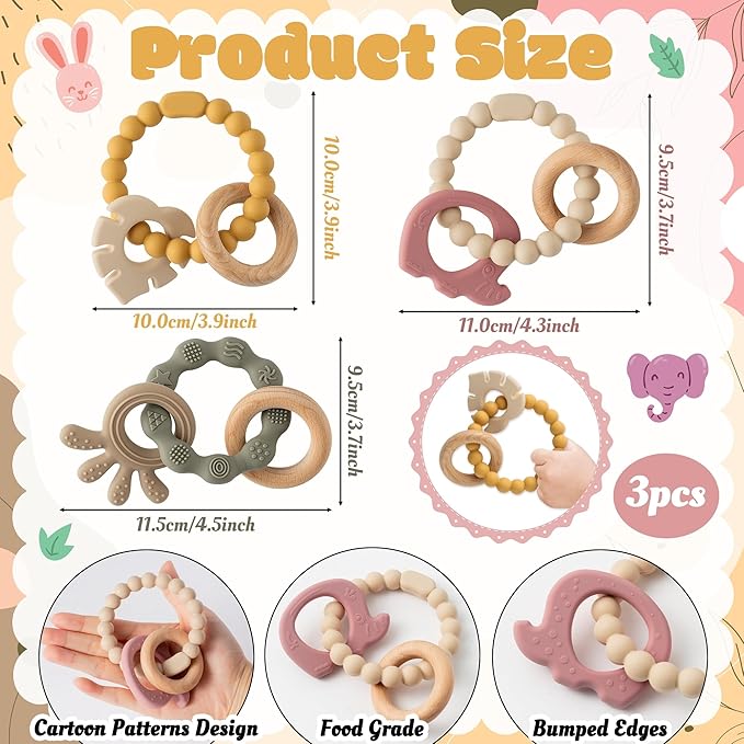 Silicone Teether Toys for Babies - 2ooya 3Pcs Animals Themed Teething Ring, Elephant Baby Sensory Chew Toys with Rattles for Newborn Boy and Girl to Soothe Sore Gums, Baby Shower Birthday Gifts