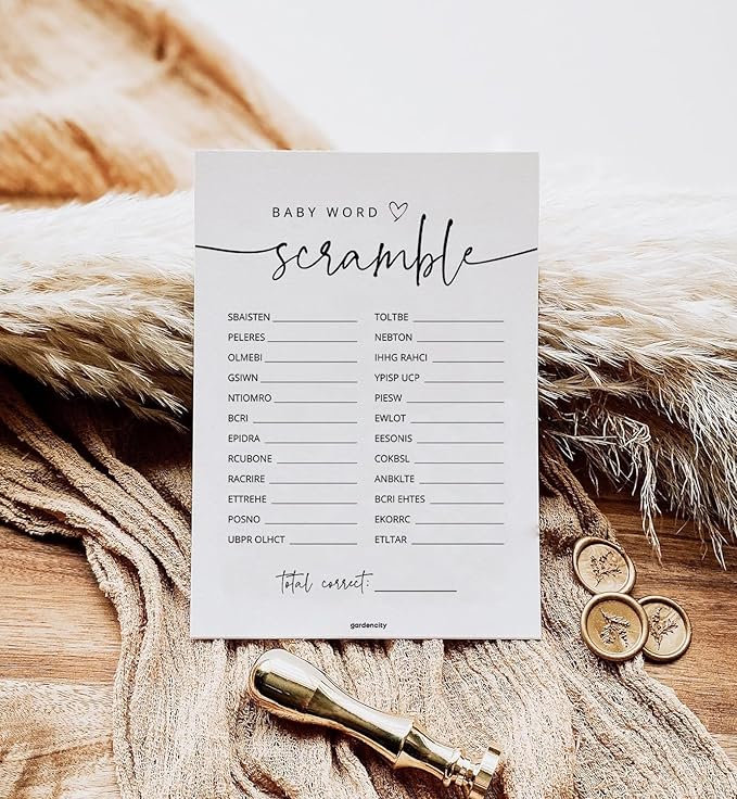 GardenCity 50 Baby Shower Word Scramble Game Cards, Fun Baby Shower Games for Boy or Girl, Gender Neutral - Minimalist