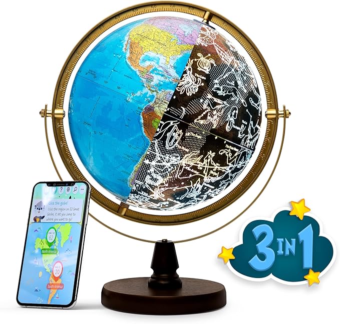 with Interactive APP & LED Illuminated Constellations at Night, US-Patented STEM education 10" World Globe with Detailed map