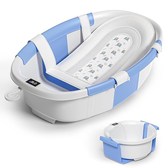 Collapsible Baby Bathtub for Newborn to Toddler 0-36 Months,Extra Large Foldable Infant Bath Tub with Thermometer,Cushion & Drain Hole,Portable Travel Tub, Baby Shower Gift Blue