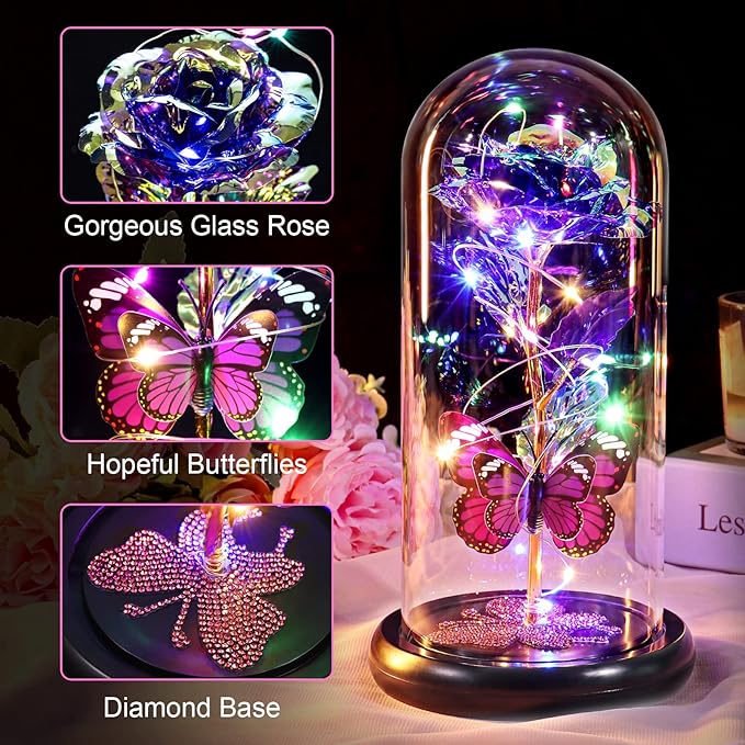 DEEMEI Birthday Gifts for Women Purple Rose Eternal Flower Light Up Rose in Glass Dome with Butterfly Gifts for Women Thanksgiving Anniversary Grandma Girlfriend Wife Gift for Her