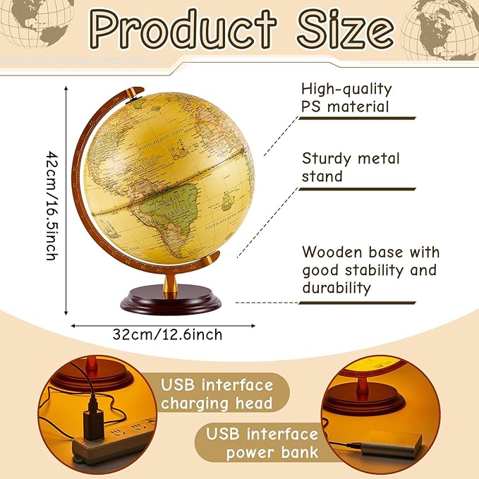 Amylove 13'' Illuminated World Globe for Adults 720°/360° Rotation Rewritable Light Up Globe with Stand World Map for Interactive Learning Light with Base Lamp LED Decor(Wood,Vintage)
