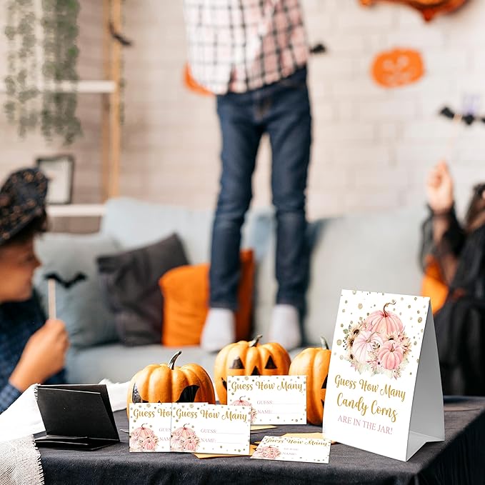 Thanksgiving How Many Candy Corns Are In The Jar - 1 Standing Sign & 50 Guessing Cards - Autumn Pumpkin Party Game & Decoration For Boys, Girls, Adults - Baby Shower, Birthday Game Set - A02