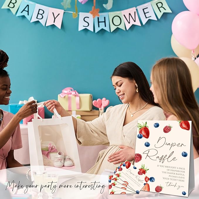 Blueberry & Strawberry Diaper Raffle Set For Baby Shower - 50 Raffle Tickets With 1 Standing Sign - Baby Announcement, Gender Reveal Baby Shower Party Decoration Game Set - A06