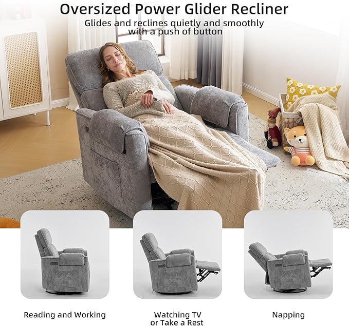 Oversized Power Recliner Chair, 26" Extra Wide Swivel Rocker Recliner with Adjustable Headrest, Chenille Glider Rocking Nursery Chair with Overstuffed Armrest, USB Ports, Grey