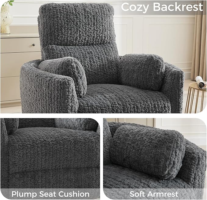 Power Swivel Glider Rocking Recliner Nursery Chair with 2 Pillows, Electric Rocker Reclining Chairs with Type-C & USB Charger Port for Living Room, High Back Barrel Armchair for Bedroom, Grey