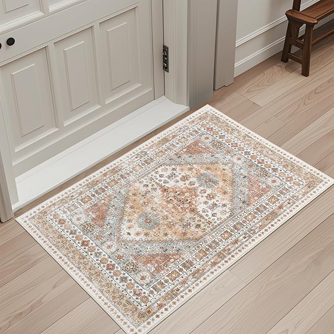 zesthome 2x3 Entryway Rug, Soft Washable Rugs, Non Slip Area Rug, Stain Resistant Low Pile Rugs for Bedroom, Vintage Rug for Door Mat, Kitchen (Orange,2'x3')