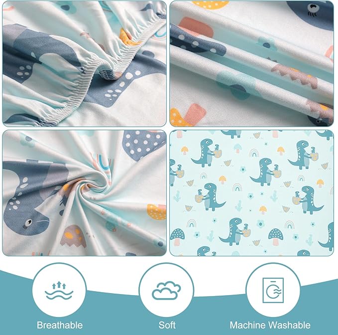 Pack n Play Flat Sheet 2 Piece Mini Crib Sheet Elastic Playard Sheet Set Portable Sheet Set Elastic Convertible Playmat Compatible Graco Pack n Play (Owl and Tree Bag) (More Dinosaurs)