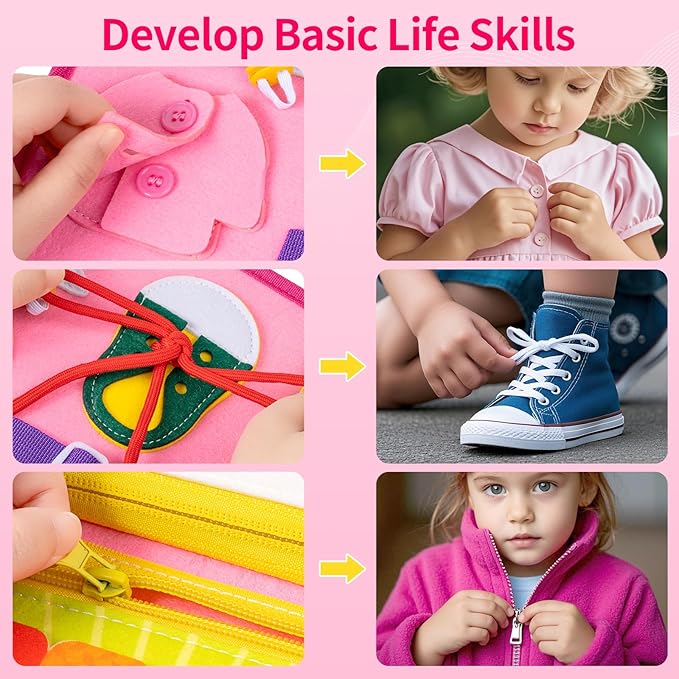 12-page Toddler Busy Board Montessori Toys for 1 2 3 4 Years Old, Busy Book for Toddlers 1-3 Girl Birthday Gift, 24 in 1 Activity Sensory Toys for Motor Skills, Travel Toy for Car Airplane (Pink)