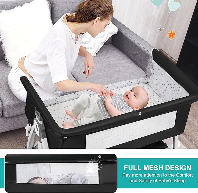 VOOI Baby Bassinet Bedside Sleeper, 3 in 1 Rocking Bassinet for Baby, Bassinet Bedside Sleeper with Wheels, Adjustable Height, Storage Basket, Mattress & Canopy, Bed Side Bassinet for Newborn
