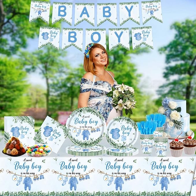 Baby Shower Decorations, Boy Baby Shower Decorations Include Plates Napkins Cups Banner Tablecloth and Forks, Serve 20
