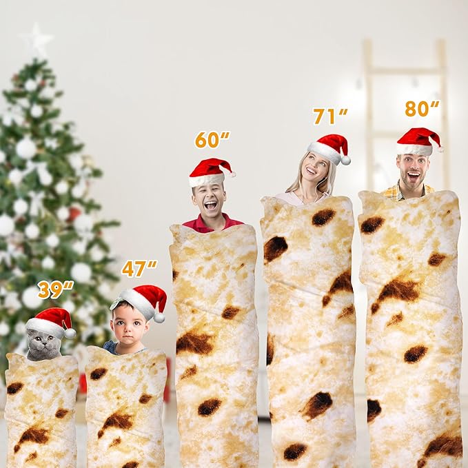 Burrito Tortilla Throw Blanket, 2.0 Double Sided Burritos Taco Tortilla Wrap Blankets for Adults Kids, Giant Funny Realistic Food Blankets, Soft Flannel Round Throw Blanket 71in