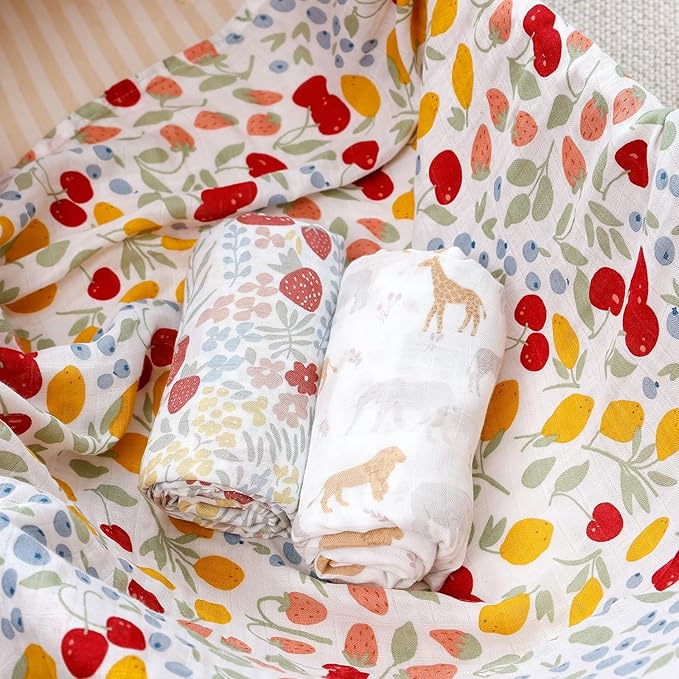 Muslin Swaddle Blankets for Baby Boys and Girls,3 Pack Breathable Soft Receiving Blanket,Large 43.3X 43.3 inches,Newborn Essentials Must Haves(Floral and Animal)