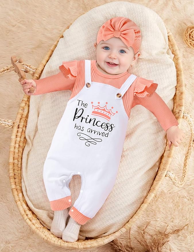 Baby Girl Clothes Patter&Letter Baby Girl Romper with Bow Hat&Headband and Gloves 4Pcs Baby Girl Coming Home Outfit