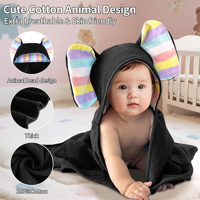VOOVA & MOVAS Baby Hooded Bath Towel - 100% Cotton, 33x23.5 Inches,0-3Years, Super Absorbent Large Towel with Cute Elephant Ears Hood for Newborn, Baby, Toddler,Black
