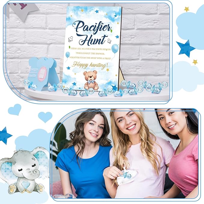 Thyle 51 Pcs Pacifier Hunt Baby Shower Games Include Hunt Sign and 50 Acrylic Pacifiers for Baby Shower Game Decoration Gift Sets Gender Reveal Party Decor(Blue Elephant)