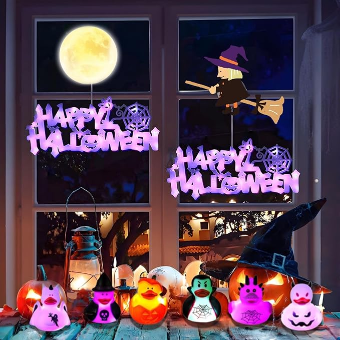 12PCS Halloween Light up Rubber Duck Glow in The Dark Pumpkin Skeleton Spider Bat Witch Duck Bathtub Toy for Kid Halloween Party Favor