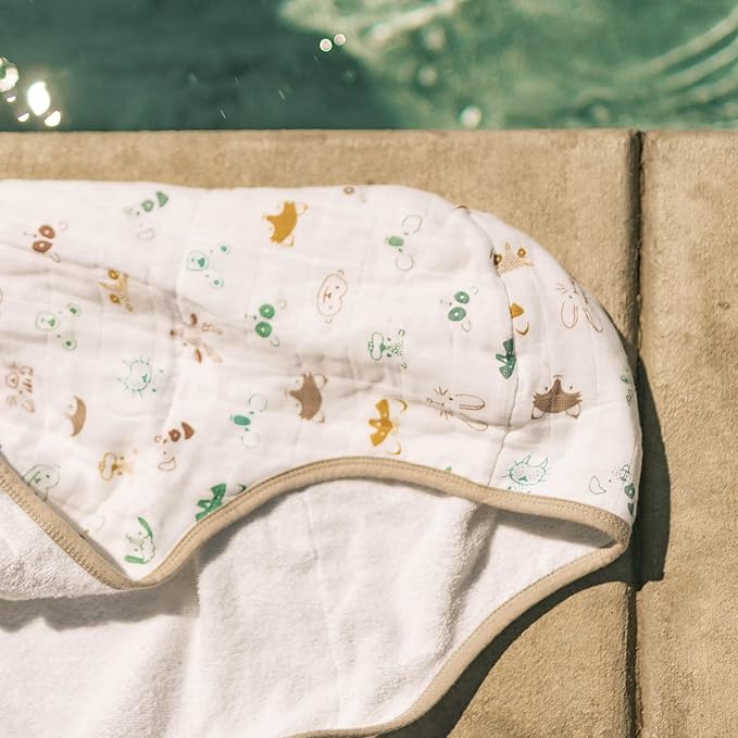 Little Unicorn Premium Hooded Bath Towel| Absorbent Cotton & Terry Blend | Larger Size, 1-6 Years (Animal Crowd)