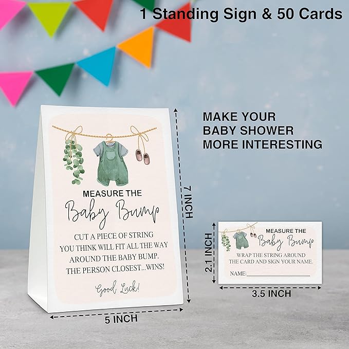 Measure the Baby Bump Baby Shower Game Set, 1 Standing Sign with 50 Guessing Cards, Baby Clothes Gender Reveal Party Decorations Supplies - B08