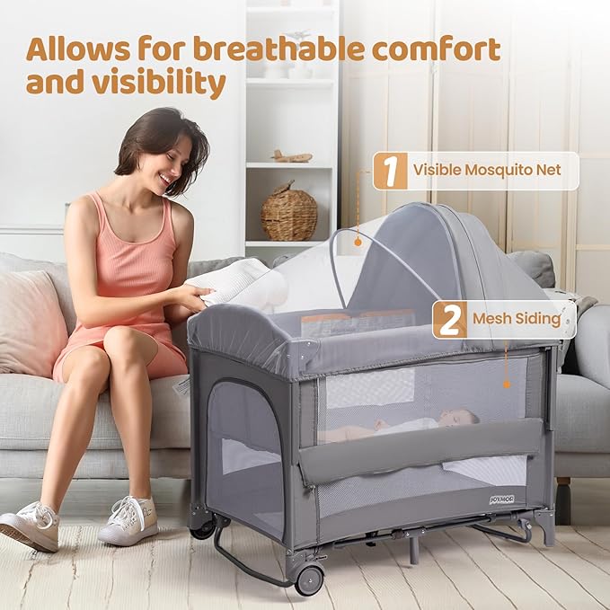 JOYMOR 9 in 1 Bedside Bassinet with Changing Table, Pack and Play with Bassinet, Convert to Rocking Baby Bed with Electric Music Center, Mosquito Net, Toy, Storage, Gray