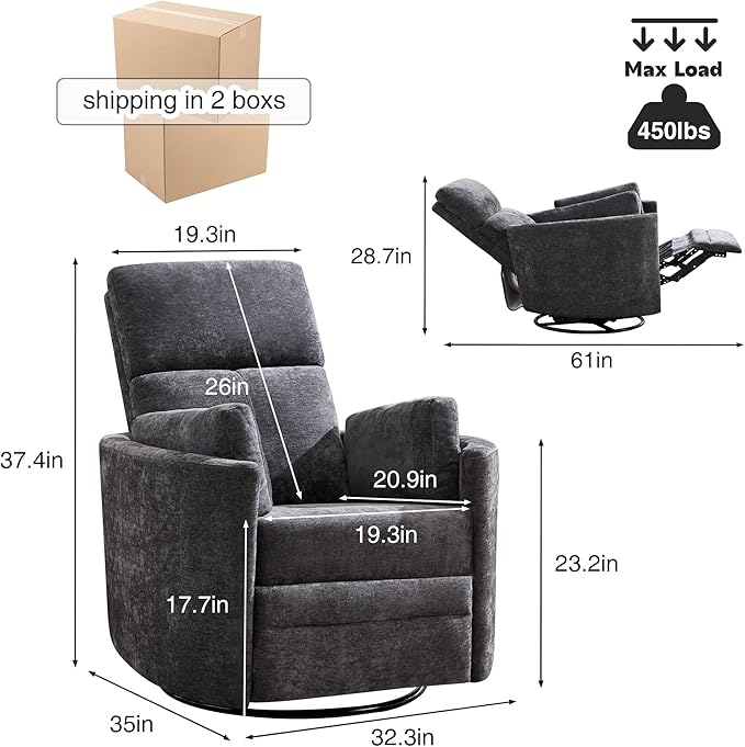 Recliner 360°Swivel Glider Rocking Chair,Upholstered Nursery Multifunction Rocking Chair with High Back, Adult Recliner Chair with 2 Pillows for Living Room Bedroom(DRAKGREY, Manual Operation)