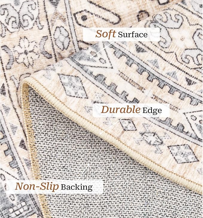 zesthome 8ft Round Rugs for Living Room, Non-Slip Washable Round Area Rugs, Ultra-Thin Large Circle Rugs, Soft Low Pile Rug for Bedroom, Kitchen - Vintage Stain Resistant Round Rug (Beige,8'x8')