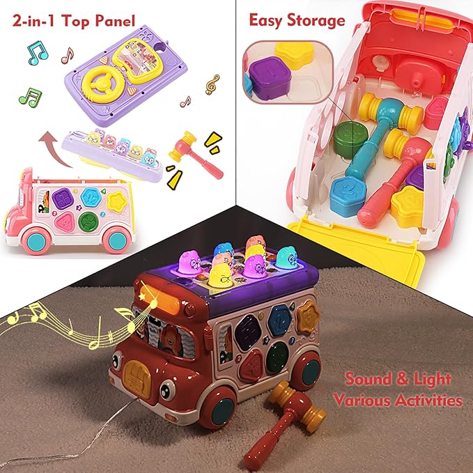 Music Activity Bus Baby Toy, Infant Education Learn Car, Sound & Light, Interactive Game, Shape Sorter, Animal Matching, Holiday Birthday Present for Toddler Kid Boy Girl 3 4 5 6 7 Years (Pink)