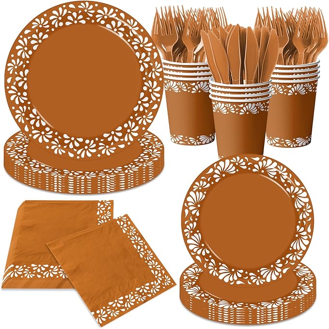 144Pcs Cielito Lindo Party Decoration, Platos De Barro Mexicanos Clay Plates Mexican decor Terracotta Pottery Paper Cups for Mexican Themed Party Decorations Cielito Lindo Baby Shower