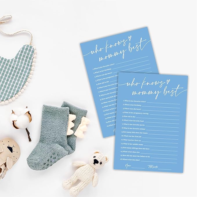 Who Knows Mommy Best Baby Shower Game Cards - Minimalism Blue - 30 Double-Sided Fill In Style Game Cards For Gender Reveal, Baby Announcement, Party Games & Activity - C07