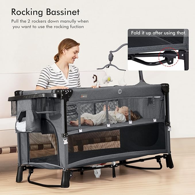 ANGELBLISS 5 in 1 Baby Bassinet, Bedside Crib & Playpen, Pack and Play Bassinet with Diaper Changer and Removable Rocker, Easy Folding Portable Crib with Mobile, Sheet & Mattress (Grey)