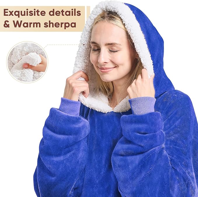 yescool Wearable Blanket Hoodie - birthday gifts for Adults/Women/mom, Flannel Cozy Sherpa Fleece Blanket Sweatshirt with Hood, Pocket & Sleeves, Large, One Size Fits All (Klein Blue)