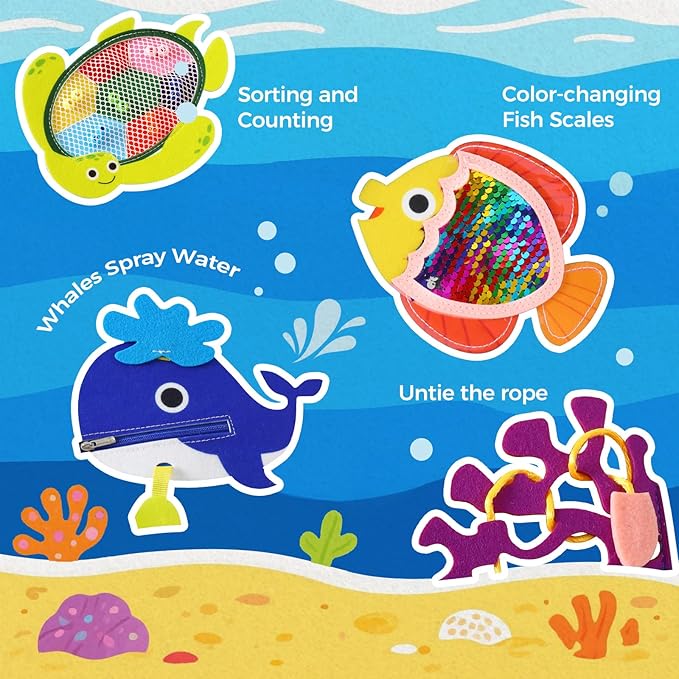 evoceler Busy Book, Busy Board with Fishing Game & Coloring Page, Montessori Toys for Toddlers 18 Months+, Quiet Airplane Travel Toy, Sensory Learning Toy for Toddlers 2-5, Girls Boys Birthday Gift