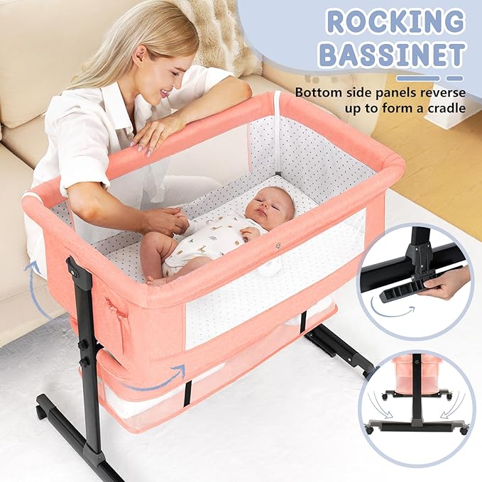 3 in 1 Bassinet Bedside Sleeper, Baby Bassinets Bedside Sleeper with Wheels, Breathable Mesh, Adjustable Height, Storage Basket, Easy Assemble & Folding (Pink)