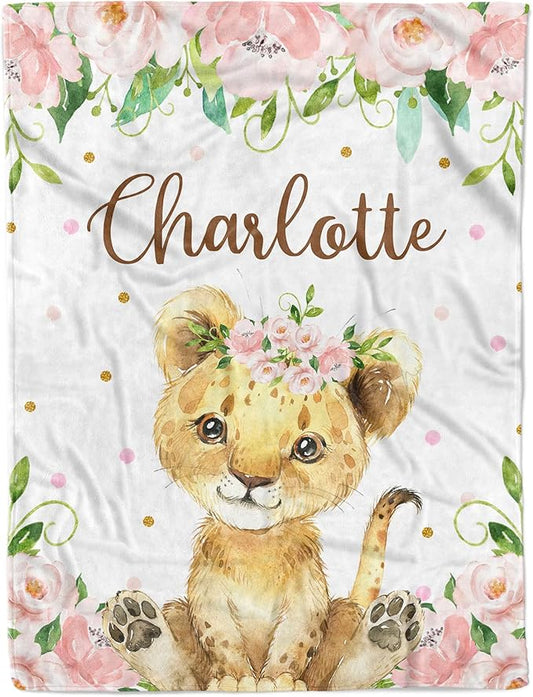 Arteaga Personalized Baby Blanket for Girls, Customized Lion Blanket, Super Soft Plush Fleece, 30''x40''