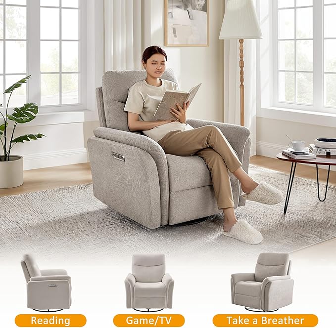 Power Recliner Chair Swivel Glider, Electric Rocking Recliner Chairs with USB and Type-C Ports, Nursery Chair Recliner for Living Room, Bedroom, Apartment(Camel)