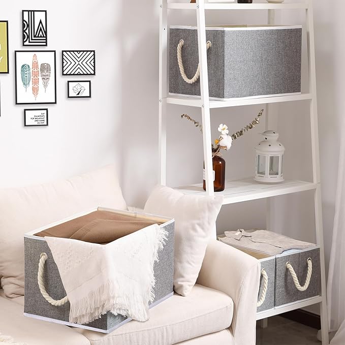 Yawinhe Collapsible Storage Bins 3-Pack, Large Fabric Baskets with Rope Handle, Organizers for Shelves, Closets, Clothes, 16.53''Lx11.81''Wx10.23''H, Grey