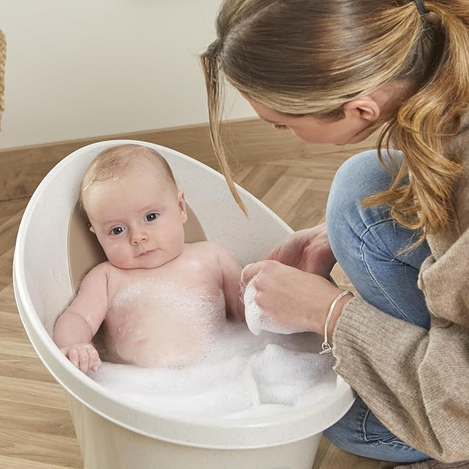 ECO Newborn Baby Bath | Recycled Material with Built-in Support Bump and Soft Backrest | Suitable from Newborn | Includes Water Plug | Cookies and Cream Colour | Beige Taupe Speckled