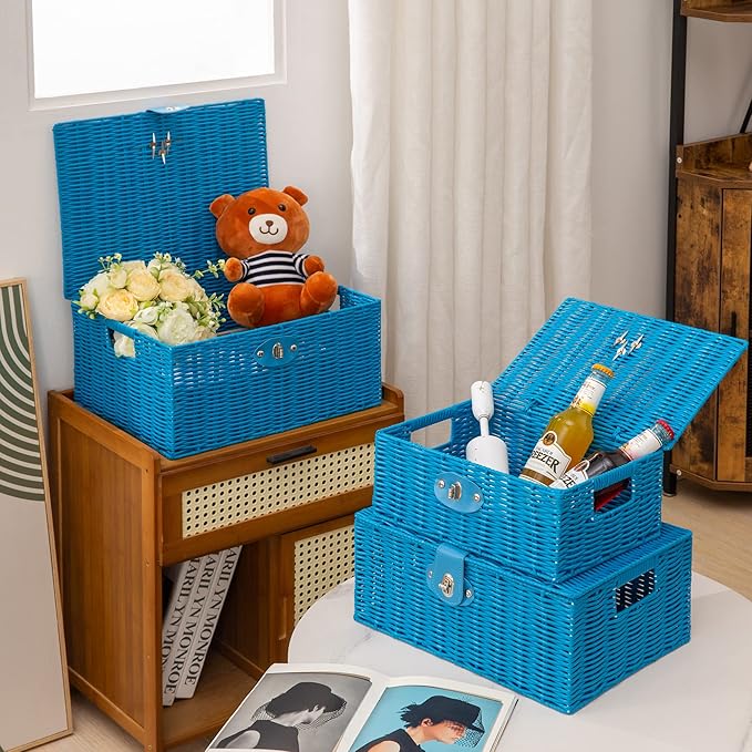 Set of 3 Woven Wicker Storage Basket Box with Lid & Lock, Built-in Carry Handles, Multifunctional Storage Organiser for Nursery, Baby, Clothes, Toys, Books, Large/Medium/Small Size (Sky Blue)