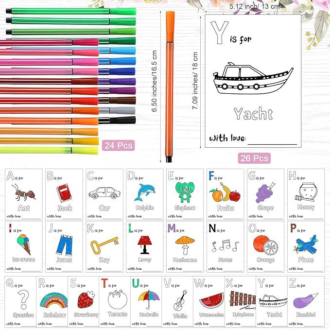 Geelin 51 Pcs Fun Baby Shower Game Activities First ABC Book Sign Coloring Game Card 26 Alphabet a to Z Coloring Card with 24 Watercolor Pen Storage Bag for Baby Shower Party(Butterfly)