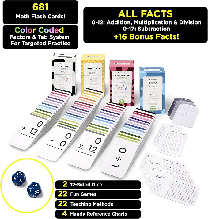 681 Award-Winning Math Flash Cards + Dice – Learn Addition, Subtraction, Multiplication & Division Facts 0–12 – Color-Coded with Games, Charts & Sorting Tabs – Grades K–6 – Jumbo Size (5.2” x 3.1”)