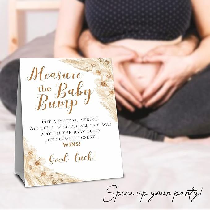 Boho Baby Shower Measure The Baby Bump, Measure Mommy's Belly Game Set - 1 Self-Standing Sign And 50 Tickets - Gender Reveal, Baby Shower, Baby Announcement Activity & Party Favor Supplies - A02