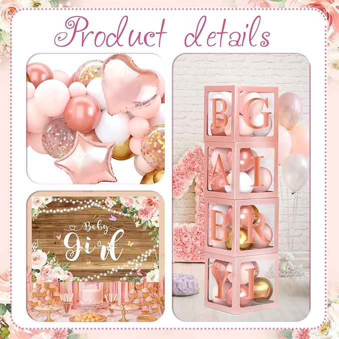 Rose Gold Retro Blush Pink Balloon Arch Garland Kit with Baby Balloon Boxes and Letters, Girl Birthday Backdrop for Butterfly Shower Decor