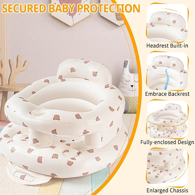 Inflatable Baby Seat for Babies 3-36 Months, Baby Chair with Fence & Built in Air Pump, Blow Up Floor Baby Seat with Back Support, Baby Sit Up Chair for Home, Travel (Bear-Large)