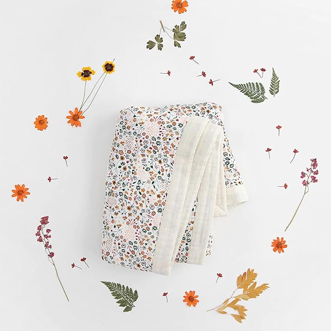 Little Unicorn Newborn Receiving Quilt | Ultra- Soft, Multi-Layered Muslin Fabric | Gift for Newborns & on-The-go (Pressed Petals)