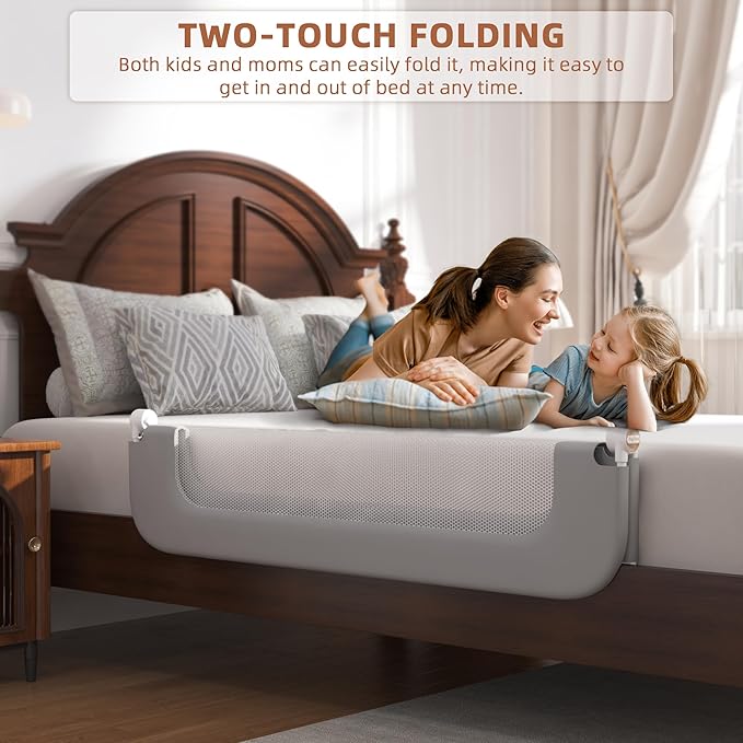 Bed Rail for Toddlers, Baby Bed Rail Guard for Kids, Toddler Bed Rails with Reinforced Anchor Fit, Height Adjustable & Foldable Bed Rail Guard for Twin, Full, Queen & King Beds (Grey, 48IN)